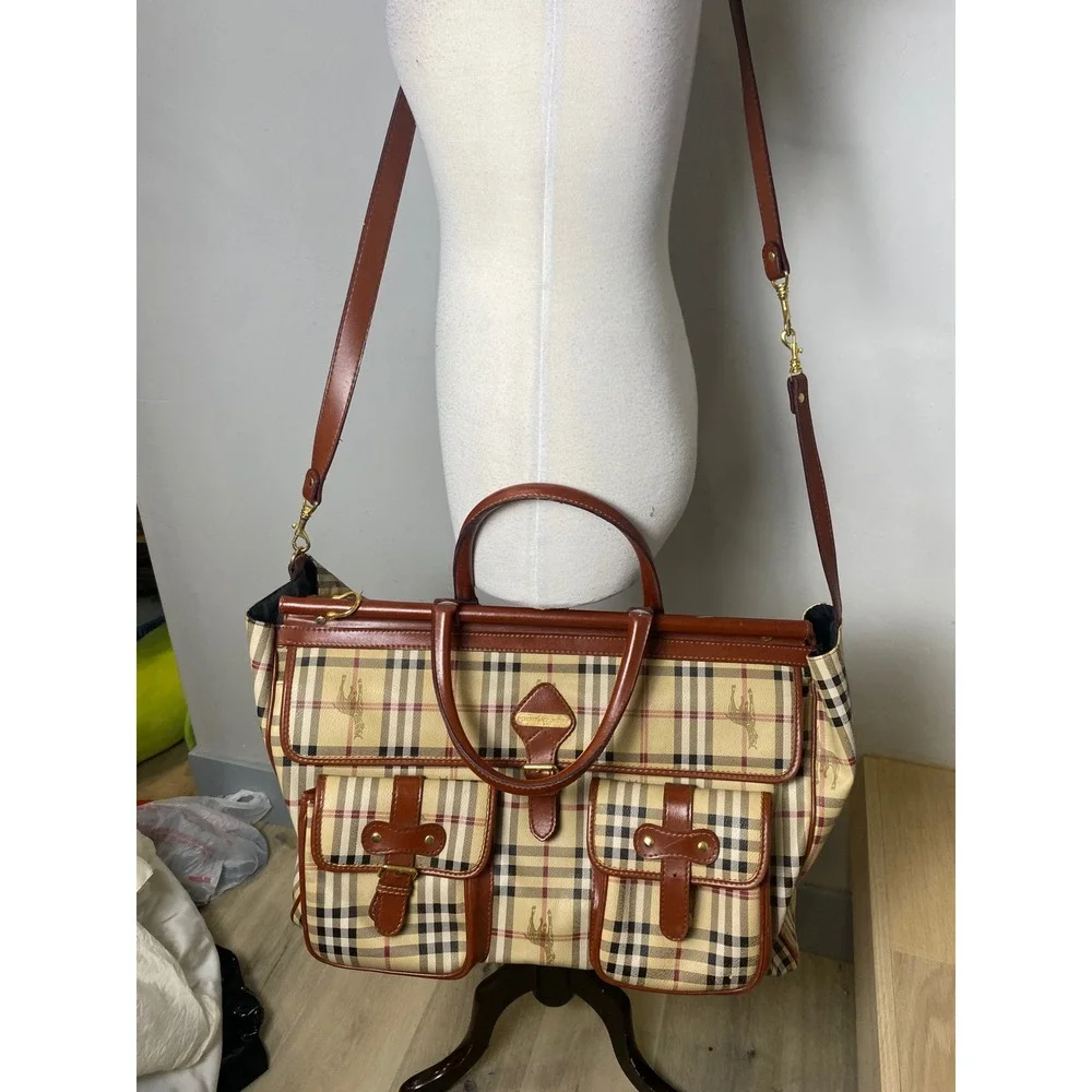 Vintage 90s Leather Collection Nova Check Plaid Satchel Crossbody Bag Brown